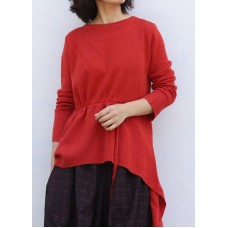 Pullover o neck red knit tops plus size drawstring asymmetric crane tops