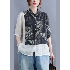 Vintage Black Peter Pan Collar Button Patchwork Print Fall Shirt Half Sleeve