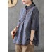 Dark Grey Peter Pan Collar Button Pockets Fall Plaid Half Sleeve Top