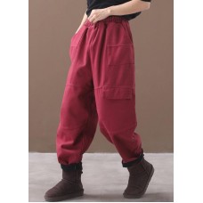 burgundy women elastic waist cotton trousers plus size false pockets harem pants