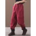 burgundy women elastic waist cotton trousers plus size false pockets harem pants