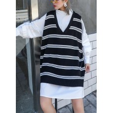 Pullover black striped knit blouse v neck sleeveless knit tops