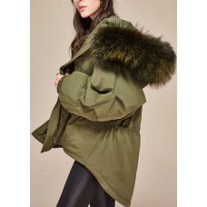 Trendy Army Green hooded Raccoon hair collar drawstring Winter Duck Down down coat