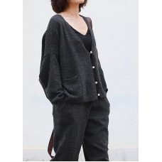 Chunky dark gray knit jacket casual v neck knitwear pockets