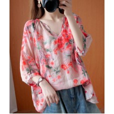 Handmade v neck summer Shirts Wardrobes red print blouses